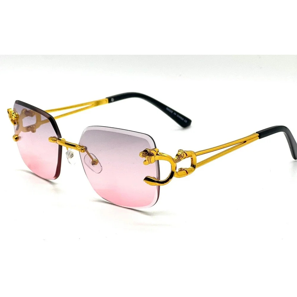 Men Women Classy Sophisticated Pink Lens‎ Gold Sunglasses Metal Rimless Hip Hop